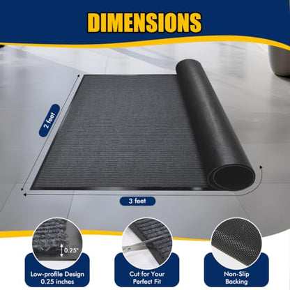 Indoor/Outdoor Entrance Mat - 2 x 3 Feet, Rubber Border Door Mat Heavy Duty, Waterproof, Low-Profile, Easy to Clean, Rubber Entry Mat, Commercial Floor Mat, Charcoal Grey - size: 2 x 3 Feet