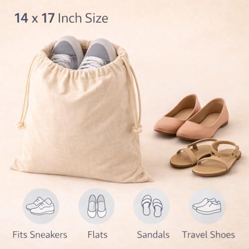 Cotton Shoe Bags with Drawstring | Dustproof, Washable Travel Shoe Pouch | Natural Canvas Organizer for Men & Women | Fits Sneakers, Sandals, Slippers | 14” x 17” (Pack of 2) - color: Cotton, style: Pack 2
