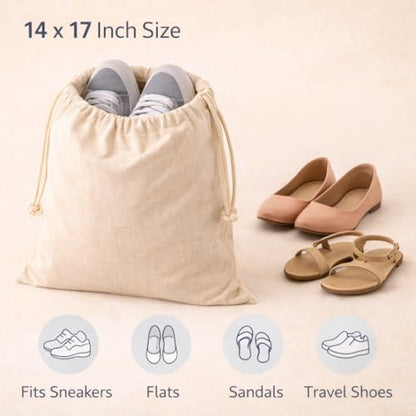Cotton Shoe Bags with Drawstring | Dustproof, Washable Travel Shoe Pouch | Natural Canvas Organizer for Men & Women | Fits Sneakers, Sandals, Slippers | 14” x 17” (Pack of 2) - color: Cotton, style: Pack 2