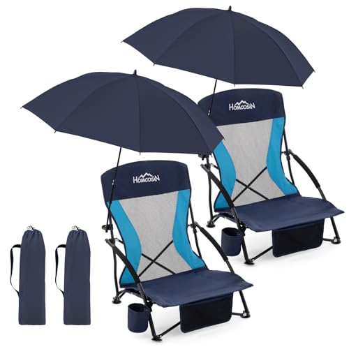 Homcosan Portable Low Folding Beach Chairs Set of 2 with Detachable Umbrellas - Lightweight Camping Chairs for Adults with Cup Holder & Storage Pockets, Carry Bag Included (Navy & Blue) - color: Navy & Blue, size: 2 Packs, style: chair with umbrella