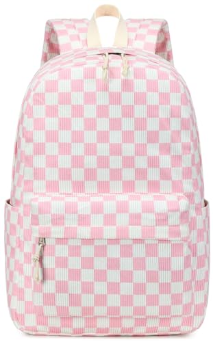 Bluboon School Backpack for Teen Girls Bookbags Elementary High School Corduroy Laptop Bags Women Travel Daypacks - color: Pink Checked