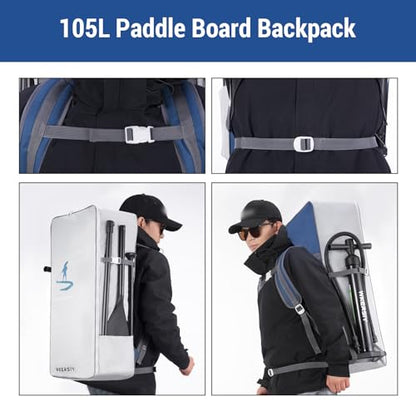 105L Paddle Board Backpack - Waterproof Oxford SUP Bag Boards, Large Travel Backpack with Padded Compartment & Accessories Storage, Durable for Surfing, Beach, Water Sports