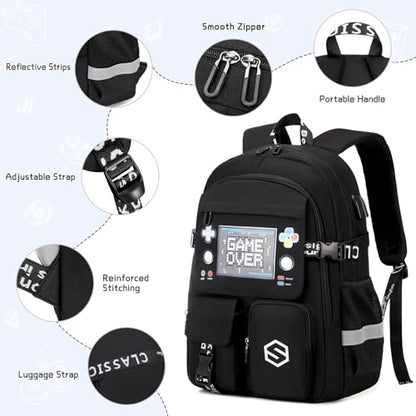 Scothen Boys Backpack, Cool Luminous School Backpacks for Boys with Lunch Bag Pencil Case, Kids Backpack Kindergarten Elementary Middle School Book Bags for Teen Boy Children with USB Charging Port - color: Black