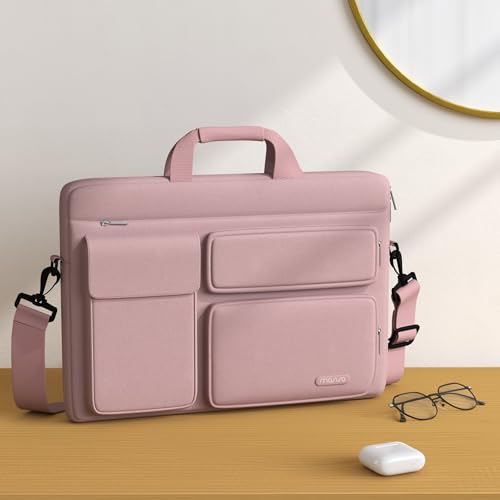 MOSISO Laptop Shoulder Bag 15.6 inch, 15-15.6 inch Computer Bag Compatible with MacBook Pro 16 inch, HP, Dell, Lenovo, Notebook with 2 Raised&1 Flapover&1 Horizontal Pocket&Handle&Belt, Pink - color: Pink, size: 16 inch