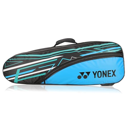 Yonex Stylish Badminton Kit-Bag |Double Zipper Compartment for Storage of 6 Rackets and Clothes|Side Pocket |Back Straps |Accessories Compartment |Made in India - color: BLACK SKY BLUE