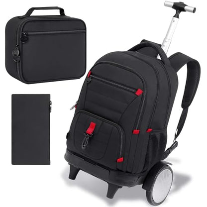 CCJPX 3Pcs Men & Boys Rolling Backpack with Bigger Wheels, Extra-Large Wheeled Bookbag with Lunch Box, Water Resistant Extra-Large Roller Luggage for Travel, Work, College (Black) - color: Black(upgrade Large Wheel)
