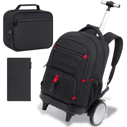 CCJPX 3Pcs Men & Boys Rolling Backpack with Bigger Wheels, Extra-Large Wheeled Bookbag with Lunch Box, Water Resistant Extra-Large Roller Luggage for Travel, Work, College (Black) - color: Black(upgrade Large Wheel)