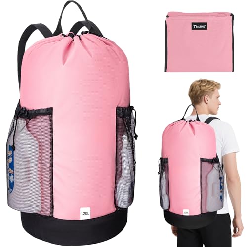 BALEINE 120L Laundry Bag Backpack, 900D Oxford Fabric Large Travel Laundry Bags with Shoulder Straps and 2 Mesh Pockets for College Dorm, Apartment, Laundromat (Pink, 120L) - color: Pink, size: 120L