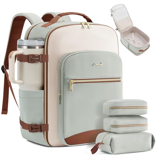 LOVEVOOK 40L Large Travel Backpack for Women, Carry on Backpack Airline Approved, Waterproof Travel Essentials fits 18" Laptop, TSA Personal Item Travels Bag Sports Backpack with 3 Packing Cubes - color: Mint Green-cream-mocha Brown, size: 40L-17.3 Inch-4