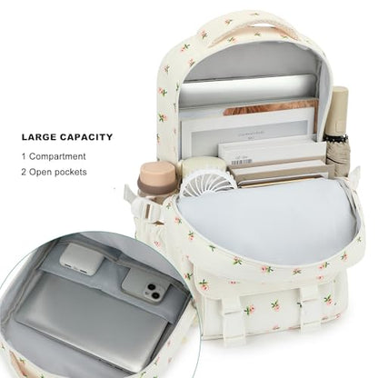 Kids High Middle School Backpack for Girls 5-12 Kawaii Travel Flower Bookbag,Beige Flower - color: Beige Flower