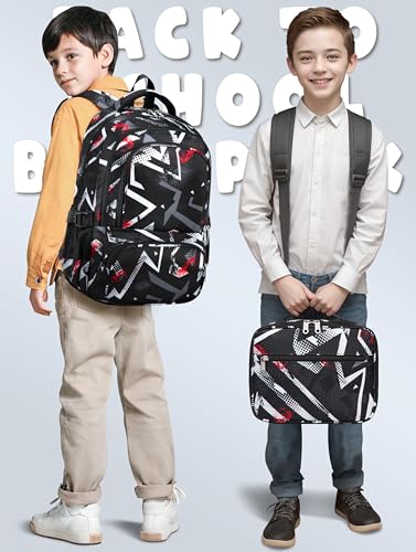 BLUEFAIRY Kids Backpack with Lunch Box for Girls Boys Elementary Primary Middle School Bag with Lunch Bag Set 17 Inch Bookbag Mochilas Escolares para Niñas Niños (Geometric, Black) - color: Black