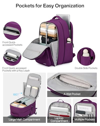 MILADA Expandable Travel Backpack 28L to 39L, TSA-Approved Carry On Backpack with 17 Inch Laptop Compartment, School Business Work Backpack for Men & Women, Purple - color: Purple