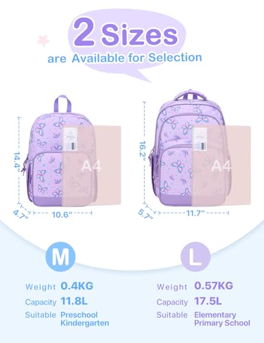VASCHY Kids Backpacks, 12L Toddler & 17.5L School Backpacks, Lightweight Water-Resistant for Boys and Girls Ages 3-12 - color: Purple Flutter-l, size: Large