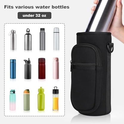 Water Bottle Holder with Strap, Water Bottle Carrier Bag with Phone Pocket, Shoulder Hand Strap Insulated Neoprene 32/40 oz Water Bottle Sleeve for Walking Hiking Camping Gym - color: 1 BLACK, size: under 32oz