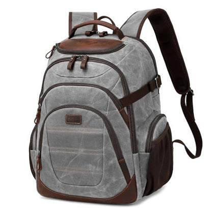 Travel Laptop Backpack 17.3 inch XL Computer Backpack for Men Waxed Canvas College Daypack Business Backpack Gray - color: Gray