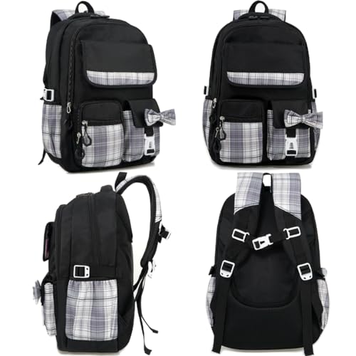MCWTH Checkered Backpack for Teen Girls, Kawaii Cute Kids Elementary Student School Backpacks (Bow Black) - color: Checkered Black
