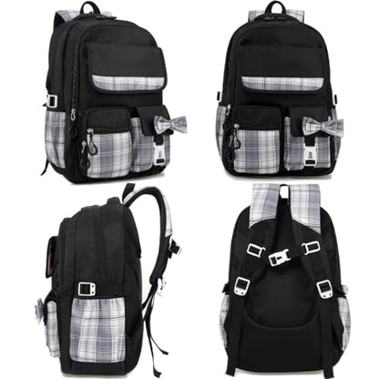 MCWTH Checkered Backpack for Teen Girls, Kawaii Cute Kids Elementary Student School Backpacks (Bow Black) - color: Checkered Black
