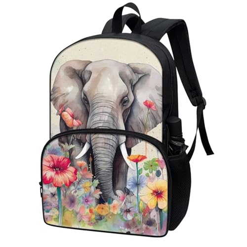 Talayituse Elephant Flower Print Backpack for Kids Girls Boys, Travel Backpack Lightweight Waterproof School Bag Student Bookbag Laptop Backpack with Zippe Pocket - color: Elephant Flower