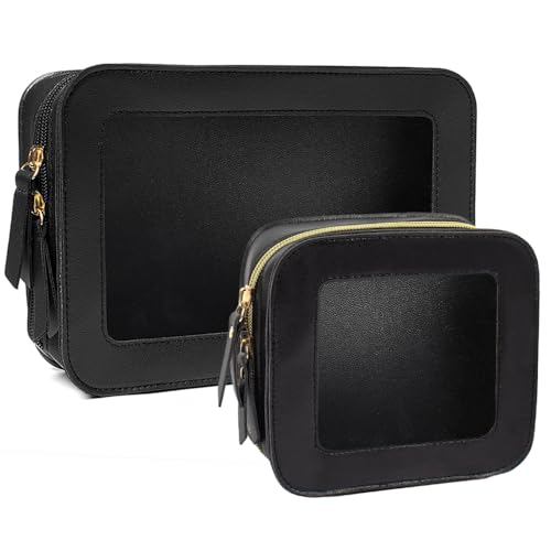 2 Pcs Clear Makup Bag Set, Clear Cosmetic Bags with Zipper Waterproof Small Travel Cosmetic Case Cute Make Up Pouch Mini Car Essentials for Women Travel Car Organizer - color: Mini+Large Black