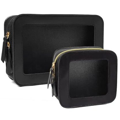 2 Pcs Clear Makup Bag Set, Clear Cosmetic Bags with Zipper Waterproof Small Travel Cosmetic Case Cute Make Up Pouch Mini Car Essentials for Women Travel Car Organizer - color: Mini+Large Black