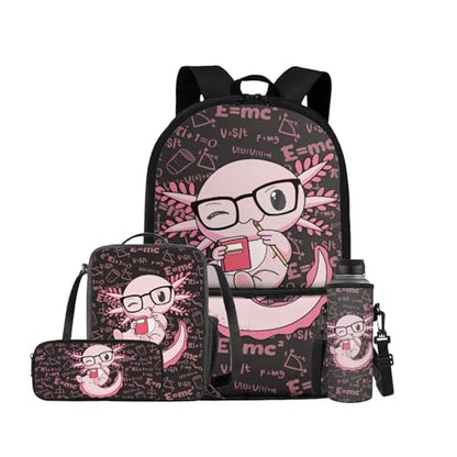 Cute Axolotl Backpack for Girls Kids Backpack with Lunch Box Water Bottle Carrier with Strap and Big Pencil Case 4 PCS Set Bookbag with Front Pocket for School 17" Sturdy Elementary School Bag - color: Axolotl-4