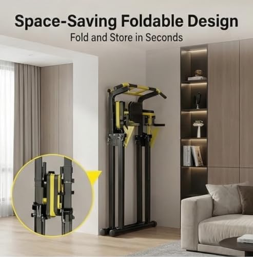 Foldable Pull Up Bar Standing for Home Gym Equipment Strength Training Calisthenics Workout with Dip Station Leg Raise Chin Up Bar Adjustable Portable Garage Gym