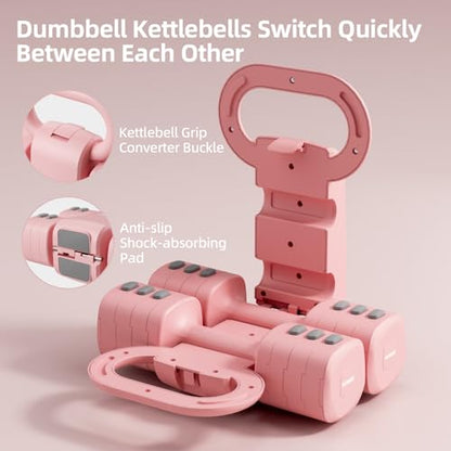 Lightweight Adjustable Dumbbell Kettlebell Set - 4 in 1 Free Weight Set with Kettlebell Grip Converter, Each 2.2 3.3 4.4 5.5lb Quick Change Weight Women Dumbbell Set for Small Spaces Home Gym - color: Adjustable Kettlebell Pink