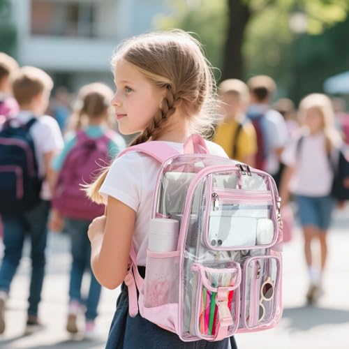 Clear Backpacks for Girls Women, Heavy Duty PVC Transparent School Bookbag See Through Back Pack for College Work Travel (Light Pink) - color: Light Pink