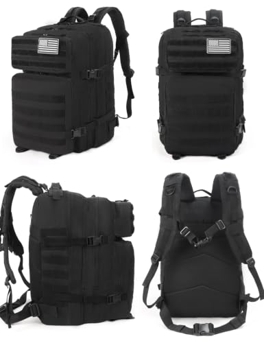 J.SH 45L Large Military Tactical Backpack for Men, Army Assault Pack Bag with MOLLE System, 3-Day Bug Out Bag for Outdoor Hiking, Gym, Tactical Missions, Rugged Survival & Outdoor Rescue - Black