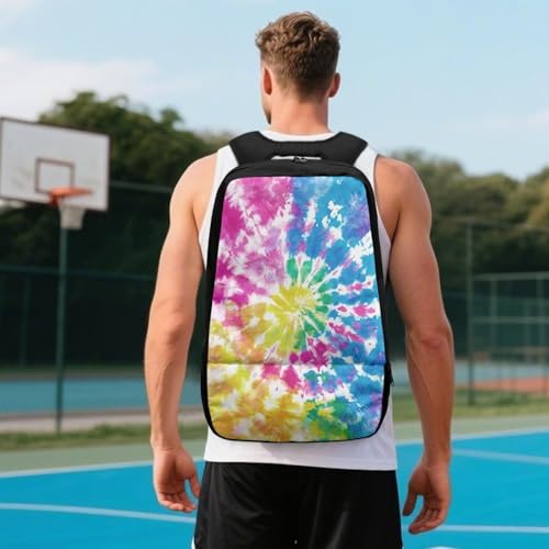 18.5in Basketball Backpack Basketball Bag with Shoe Compartment & Ball Holder, Waterproof Bag for Soccer Volleyball - color: Colorful Round Tie-Dye Print