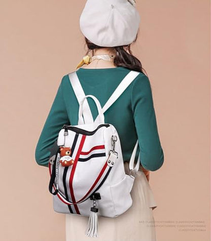 Fashion PU Leather Backpack Purse for Women Travel Backpack Bag with Tassel Ladies Shoulder Handbags Casual Daypack - color: White