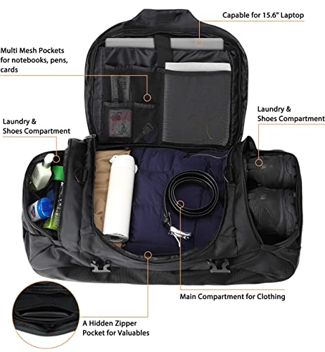 Ubon Large Duffel Bag Weekender Bags with Shoe Compartments 4-Way Sports Gym Backpack with Padded Straps Camping Traveling Duffle Bag - color: Black, size: 45L
