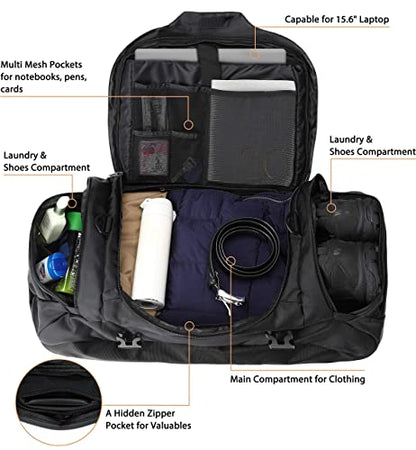 Ubon Large Duffel Bag Weekender Bags with Shoe Compartments 4-Way Sports Gym Backpack with Padded Straps Camping Traveling Duffle Bag - color: Black, size: 65L