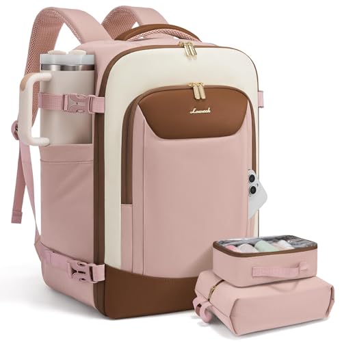 LOVEVOOK 40L Travel Backpack for Women Men, Large Carry on Backpack for Airplanes TSA Personal Item Travel Bag fits 15.6" Laptop, Waterproof Weekender Essentials Airline Approved with 2 Packing Cubes - color: Pink-beige-brown-1, size: 40L-3Pcs