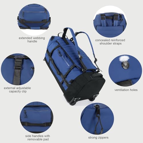 29" 86L Foldable Wheeled Duffle Bag, Waterproof Travel Rolling Backpack with Quilted Bottom, Navy - color: Navy