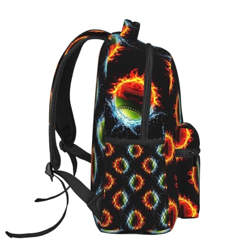Casual Travel Backpack Ice Water Fire Flame Softball Baseballs for Men Women, Lightweight Water Resistant Commuter Daypack with Laptop Compartment and Side Mesh Pockets - color: Pattern (257)