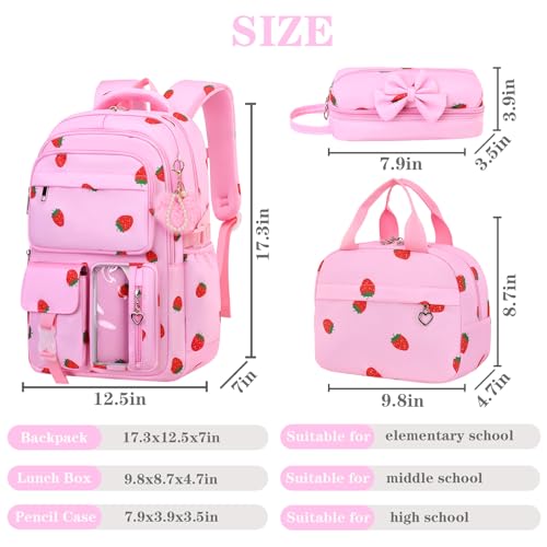 Girls Backpack Set with Lunch Box & Pencil Case, Floral Print Girls School Backpack for Elementary/Middle/High School (Pink-Strawberry) - color: Pink-strawberry