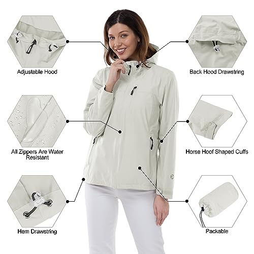 Outdoor Ventures Packable Rain Jacket Women Lightweight Waterproof Raincoat with Hood Cycling Bike Jacket - color: Ice Grey, size: Large