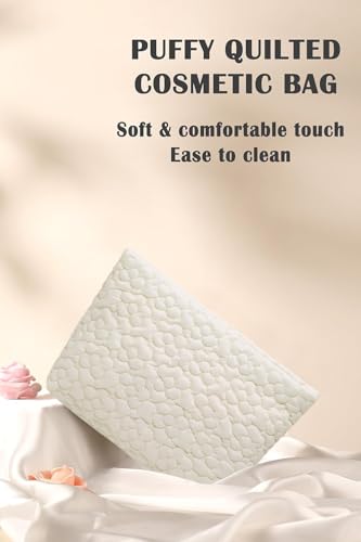 Puffy Quilted Makeup Bag, Cosmetic Travel Pouch, White Flowers - color: White Flower