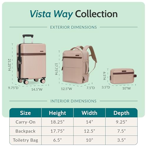 U.S. Traveler Vista Way 3-Piece Travel Set, 21-Inch Carry-on Hardside with TSA Lock, 18-Inch Travel Backpack with Laptop Sleeve, Toiletry Bag, Beige - color: Beige