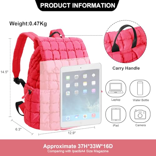 XSUIOY Quilted Backpack Purse for Women Small Lightweight Puffer Puffy College Laptop Backpack Nylon Casual Bookbag Daypack Top Flap Drawstring Padding Hiker Travel Gym Backpack(Rosered) - color: Rosered