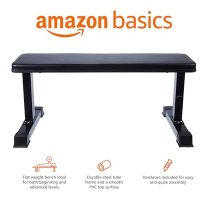 Amazon Basics Sturdy Flat Weight Bench for Home Gym, Strength Training, Stable Assembly, Black