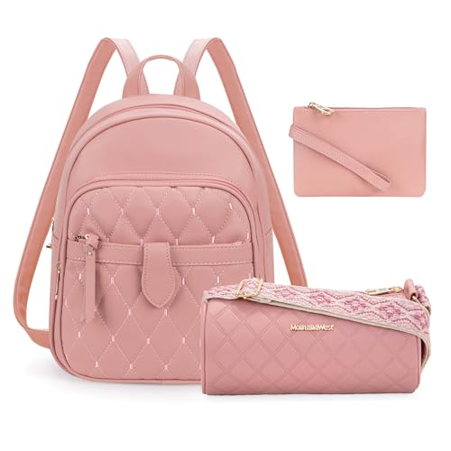 Montana West 3Pcs Anti Theft Backpack Purse for Women Small Quilted Backpack Set - color: Z-3pcs Pink