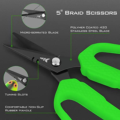 KastKing Cutthroat 7.5- Inch Saltwater Resistant Fishing Pliers, 5-Inch Braid Scissors, Line Cutter, Hook Remover, Fishing Tools Set, Gifts for Men - style: B: Split Ring Plier and Scissor - Green