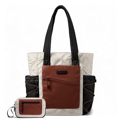 LOVEVOOK Tote Bag for Women, puffer tote bag for Work Travel Nurse, Lightweight quilted Bags with Compartments - color: M-15.6 Inch-cream-brown-black Drawstring