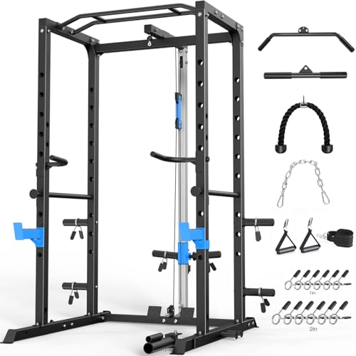 ULTRA FUEGO Power Cage, Multi-Functional Power Rack with J-Hooks, Dip Handles, Landmine Attachment and Optional Cable Pulley System for Home Gym - size: Power Cage with Pulley System