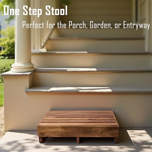 Acacia Wood Step Platform (25'' L x 16'' W x 6.5'' H, No Assembly Required), Outdoor Steps with Non-Skip Pads for Seniors, Wooden One Step Stool for Bed, Stair, Bathroom, Kitchen, Garden