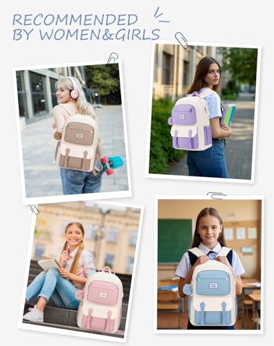 School Backpack for Teen Girls, Aesthetic Schoolbag for Middle School High School, Cute Laptop Bookbag for College Women Students Mochilas Niñas, Khaki Beige