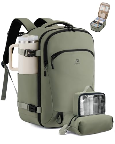 LOVEVOOK 40L Travel Backpack for Women, Airline Approved Carry On Backpack with 2 Packing Cubes, Waterproof Personal Item Bag Fits 17" Laptop, TSA Traveling Essentials Weekender Overnight Backpack - color: Green & Black, size: 40L-3PCS
