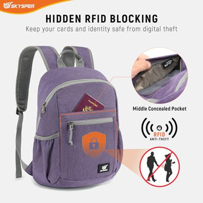 SKYSPER Anti Theft Hiking Backpack, 20L RFID Packable Travel Daypack, Lightweight Foldable Back Pack for Walking Daytrip - color: Purple